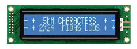 MIDAS MC22405A6W-BNMLW-V2 Alphanumeric LCD, 24 x 2, White on Blue, 5V, Parallel, English, Japanese, Transmissive