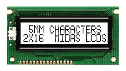 MIDAS MC21605A6WK-FPTLW-V2 Alphanumeric LCD, 16 x 2, 5V, English, Euro, Japanese, Transflective