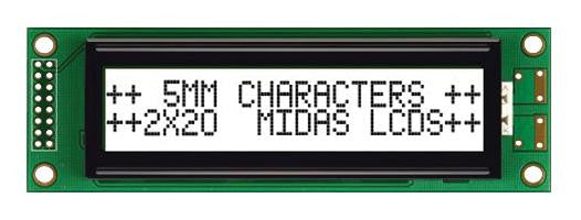 MIDAS MC22005A6WK-FPTLW-V2 Alphanumeric LCD, 20 x 2, Black on White, 5V, Parallel, English, Euro, Transflective