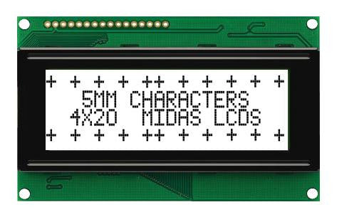 MIDAS MC42005A6W-FPTLW3-V2 Alphanumeric LCD, 20 x 4, Black on White, 3V, Parallel, English, Japanese, Transflective