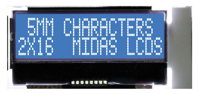 MIDAS MCCOG21605B6W-BNMLWI Alphanumeric LCD, 16 x 2, White on Blue, 3V to 5V, I2C, English, Japanese, Transmissive