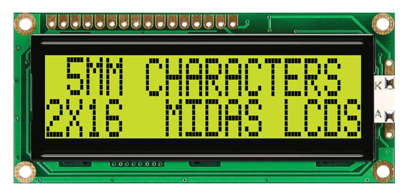 MIDAS MC21605G6WD-SPTLY-V2 LCD, 2X16, STN, YLW/GREEN B/L, 5MM