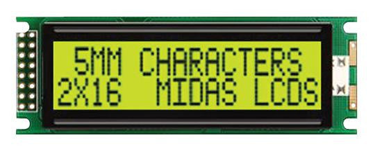 MIDAS MC21605DA6W-SPTLY-V2 Alphanumeric LCD, 16 x 2, Black on Yellow / Green, 5V, Parallel, English, Japanese, Transflective