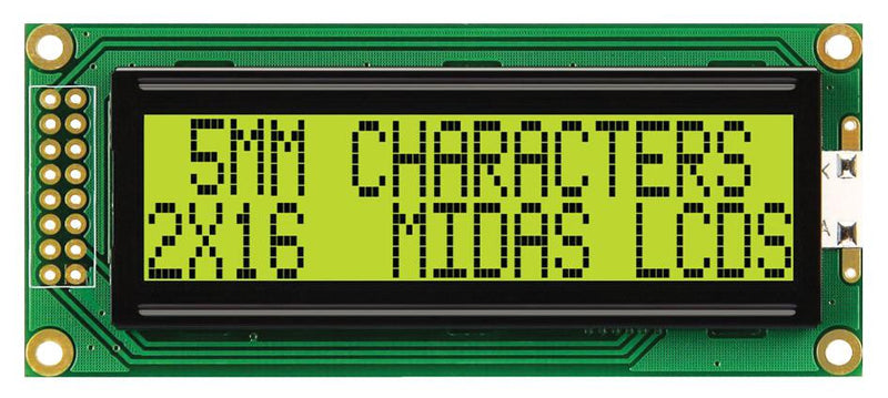 MIDAS MC21605B6WD-SPTLY-V2 Alphanumeric LCD, 16 x 2, Black on Yellow / Green, 5V, Parallel, English, Japanese, Transflective