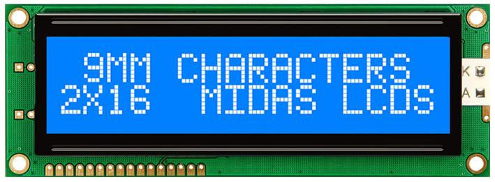 MIDAS MC21609AB6W-BNMLW-V2 Alphanumeric LCD, 16 x 2, White on Blue, 5V, Parallel, English, Japanese, Transmissive