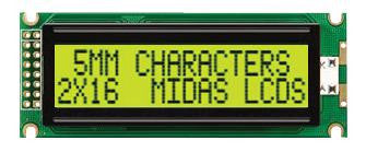 MIDAS MC21605J6W-SPR-V2 Alphanumeric LCD, 16 x 2, Black on Yellow / Green, 5V, Parallel, English, Japanese, Reflective