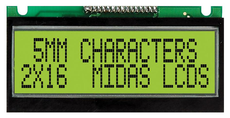 MIDAS MC21605F6WE-SPTLY Alphanumeric LCD, 16 x 2, Black on Yellow / Green, 5V, Parallel, English, Japanese, Transflective