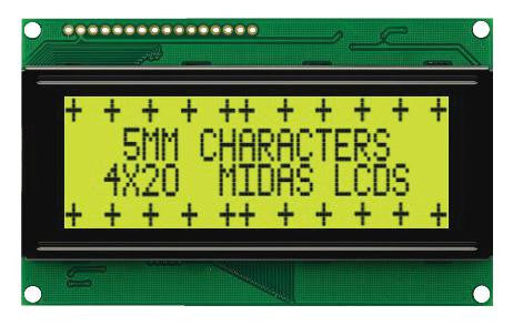 MIDAS MC42005A6W-SPR-V2 Alphanumeric LCD, 20 x 4, Black on Yellow / Green, 5V, Parallel, English, Japanese, Reflective