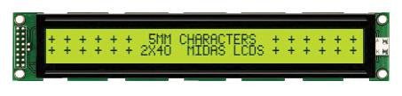 MIDAS MC24005A6W-SPTLY-V2 Alphanumeric LCD, 40 x 2, Black on Yellow / Green, 5V, Parallel, English, Japanese, Transflective