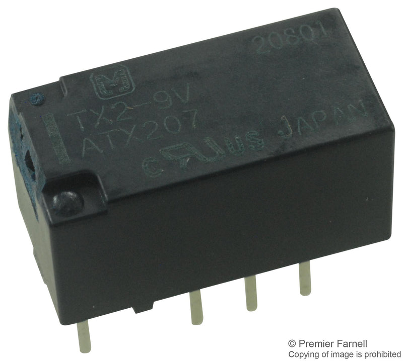 PANASONIC ELECTRIC WORKS TX2-9V Signal Relay, DPDT, 9 VDC, 2 A, TX Series, Through Hole, Non Latching