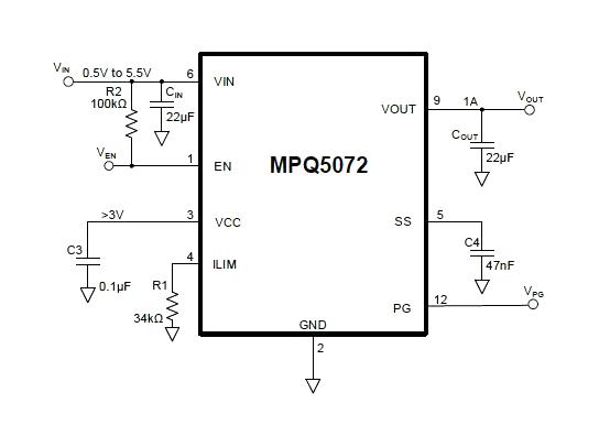 Monolithic Power Systems (MPS) MPQ5072GG-AEC1-P Load Distribution Switch High Side Active 1 Output 5.5V 0.06ohm QFN 12-Pin