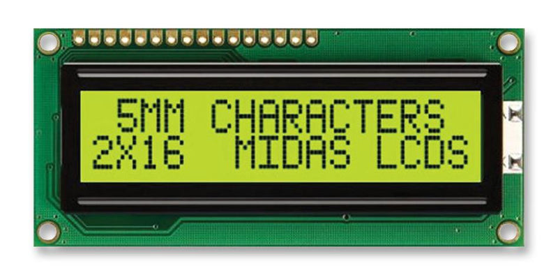 MIDAS MC21605C6WK-SPTLY-V2 Alphanumeric LCD, 16 x 2, Black on Yellow / Green, 5V, Parallel, English, Euro, Transflective