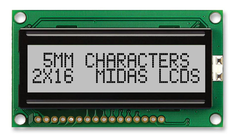 MIDAS MC21605H6W-SPR3-V2 Alphanumeric LCD, 16 x 2, Black on Grey, 3V, Parallel, English, Japanese, Reflective