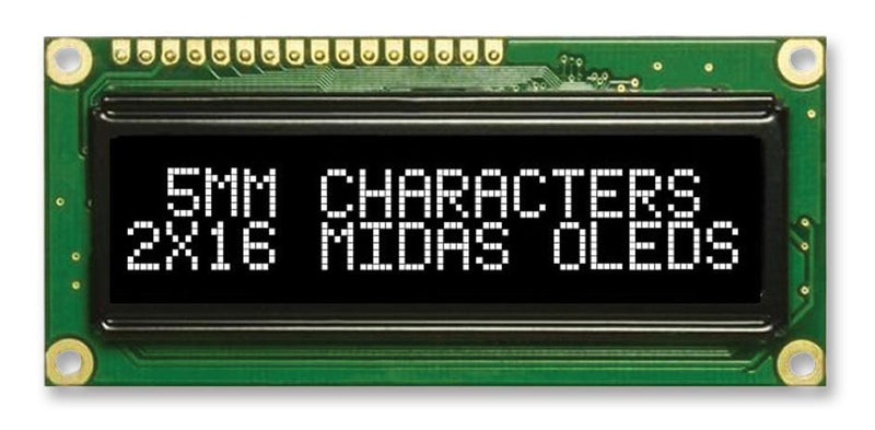 MIDAS MCOB21605GX-EWP Alphanumeric OLED, 16 x 2, White on Black, 3V to 5V, Parallel, English, Cyrillic, Euro, Japanese