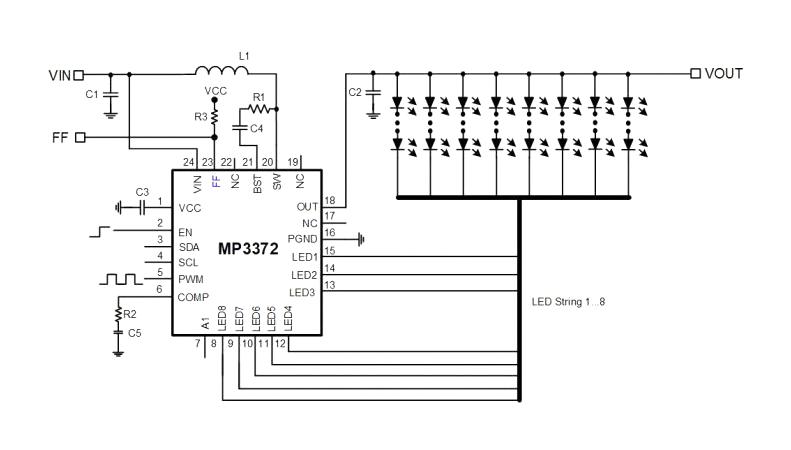 Monolithic Power Systems (MPS) MP3372GR-0000-P LED Driver DC / Synchronous Boost 50 mA 8 Outputs 650 kHz QFN New