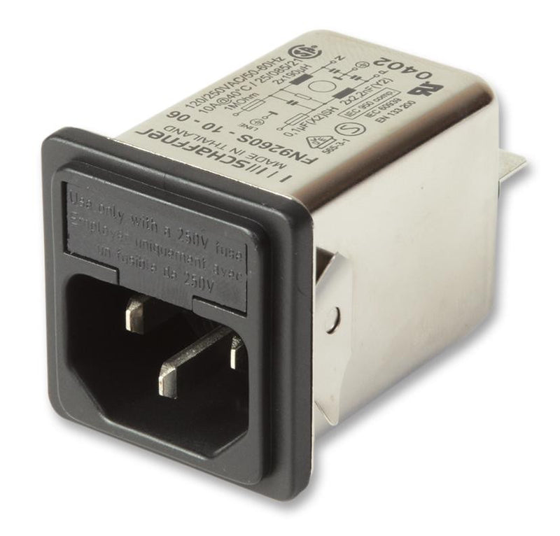 SCHAFFNER FN9260S-4-06-10 Power Entry Connector, FN 9260 Series, Plug, 250 VAC, 4 A, Panel Mount, Quick Connect