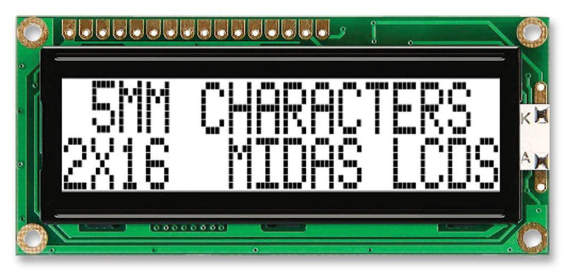 MIDAS MC21605G6WR-FPTLW-V2 Alphanumeric LCD, 16 x 2, Black on White, 5V, Parallel, English, Cyrillic, Transflective