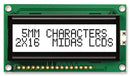 MIDAS MC21605H6W-FPTLW-V2 Alphanumeric LCD, 16 x 2, Black on White, 5V, Parallel, English, Japanese, Transflective