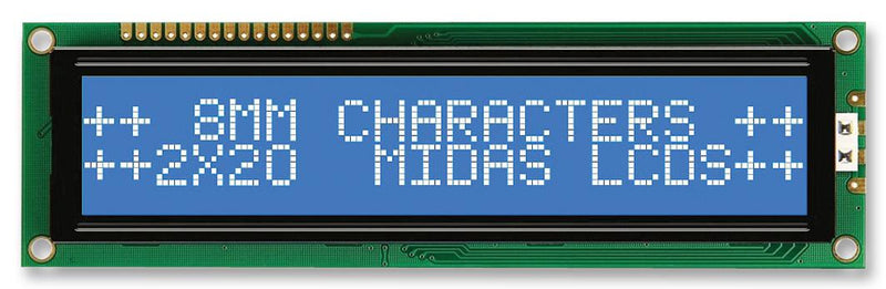 MIDAS MC22008B6W-BNMLW-V2 Alphanumeric LCD, 20 x 2, White on Blue, 5V, Parallel, English, Japanese, Transmissive