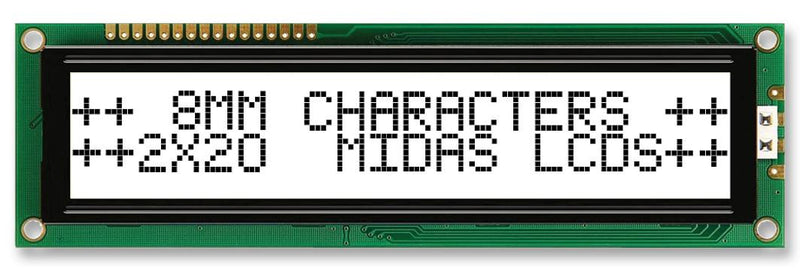 MIDAS MC22008B6W-FPTLW-V2 Alphanumeric LCD, 20 x 2, Black on White, 5V, Parallel, English, Japanese, Transflective