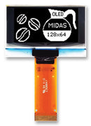 MIDAS MCOT128064BY-WM Graphic OLED, 128 x 64, White on Black, 2.8V, I2C, Parallel, SPI, 42mm x 27.2mm, -40 &deg;C