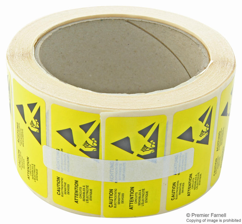 MULTICOMP 055-0082 Label, ESD, Caution, Paper, Black on Yellow, Warning, 25mm x 50mm, Pack of 1000