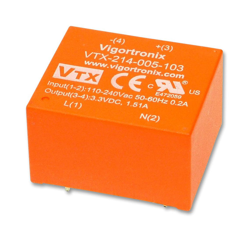 VIGORTRONIX VTX-214-005-118 AC/DC PCB Mount Power Supply (PSU), Class II, 1 Output, 5 W, 18 V, 277 mA