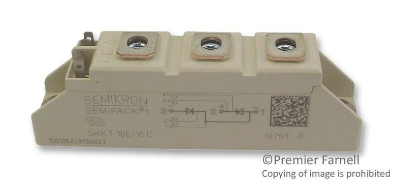 SEMIKRON SKKT 106/16 E Thyristor, 1.6 kV, 150 mA, 106 A, 180 A, Module, 7 Pins