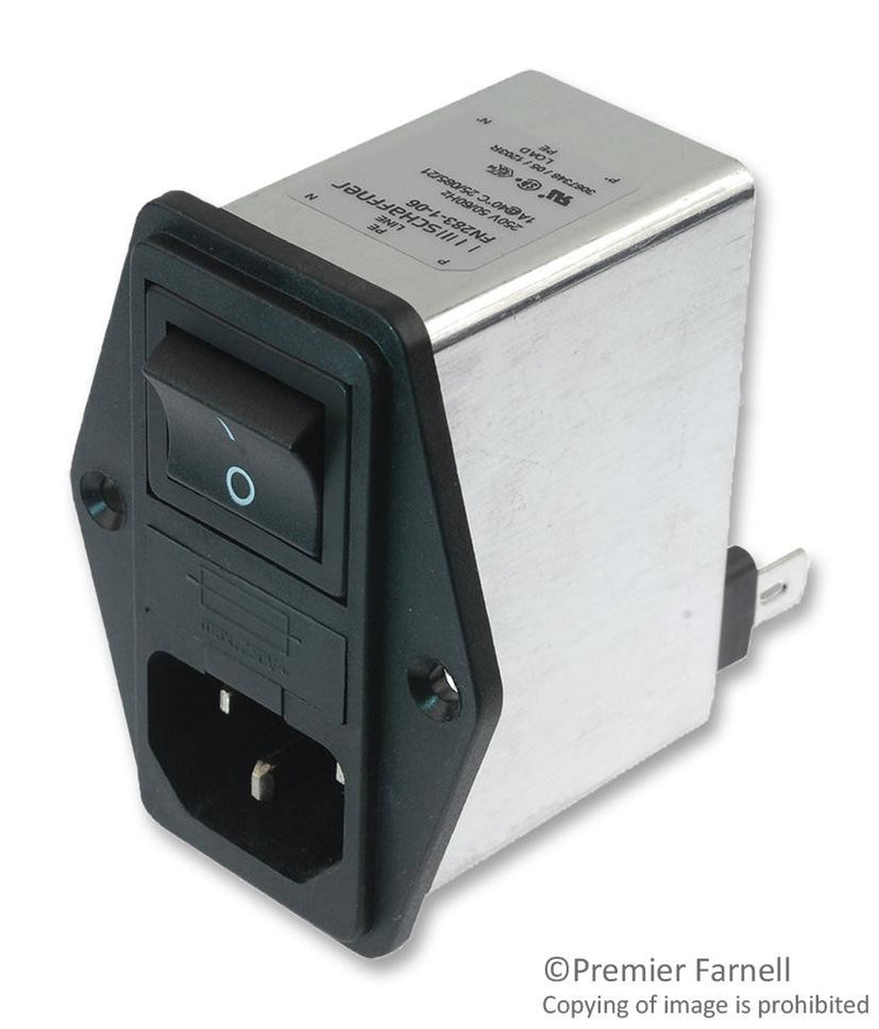 SCHAFFNER FN 283-6-06 Power Entry Connector, FN 280 Series, Plug, 250 V, 6 A, Panel Mount, Quick Connect