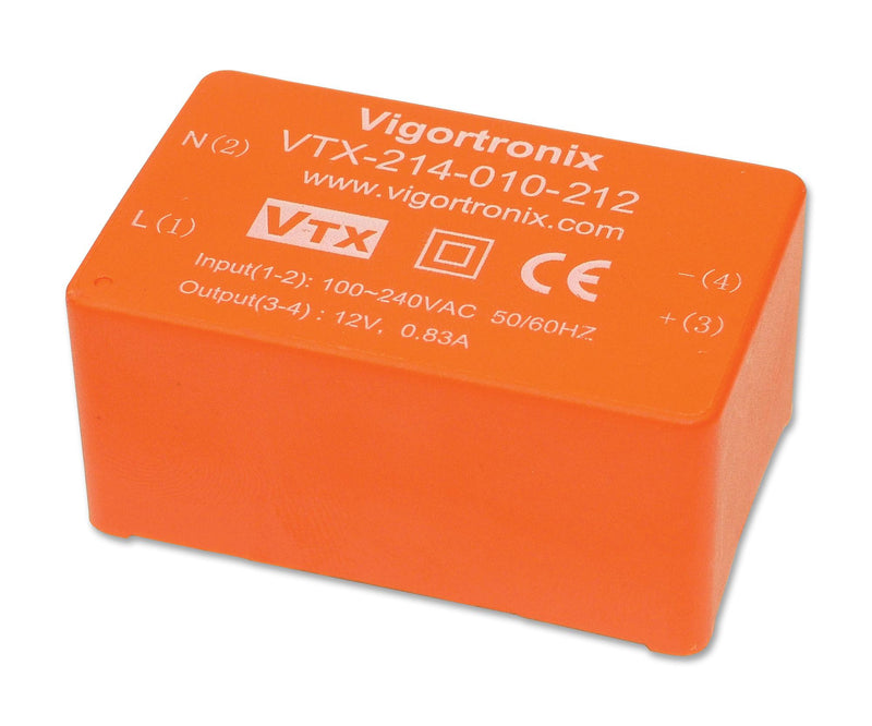 VIGORTRONIX VTX-214-010-212 AC/DC PCB Mount Power Supply (PSU), Class II, 1 Output, 10 W, 12 V, 833 mA