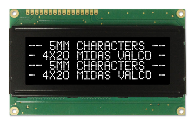 MIDAS MC42005A12W-VNMLW Alphanumeric LCD, 20 x 4, White on Black, 5V, Parallel, English, Japanese, Transmissive