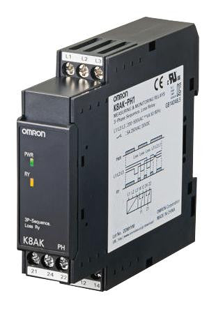 OMRON INDUSTRIAL AUTOMATION K8AKPH1 Phase Monitoring Relay, K8AK Series, DPDT-NC, 5 A, DIN Rail, Screw, 250 VAC