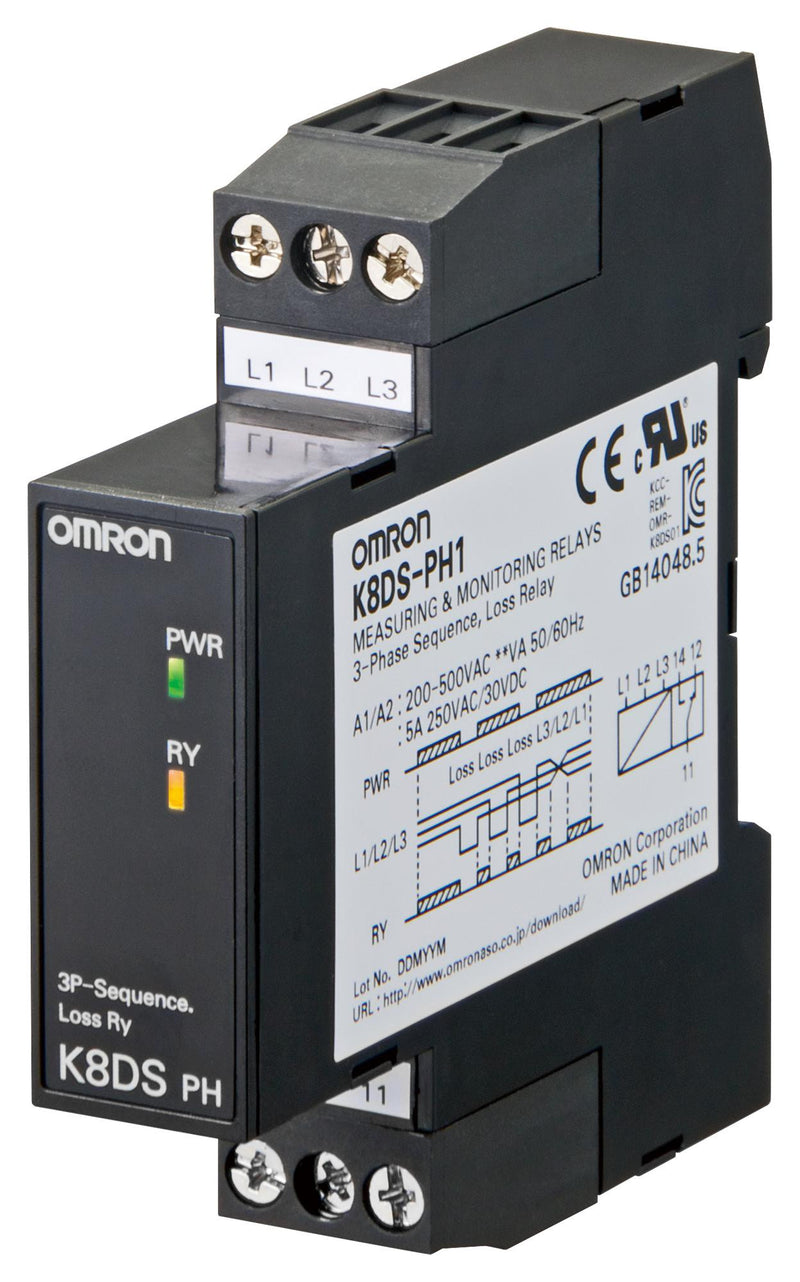 OMRON INDUSTRIAL AUTOMATION K8DSPH1 Phase Monitoring Relay, Phase Loss Relay, K8DS Series, SPDT, 5 A, DIN Rail, Screw