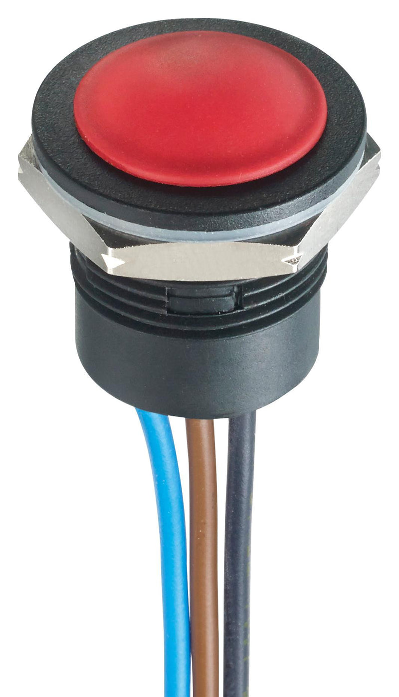 APEM IAR5F1600 Pushbutton Switch, 16mm, IP65, IP67, SPDT, Momentary Spring Return, 24 V, 2 A, Wire Leaded