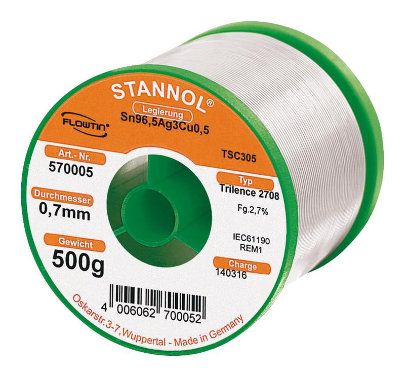 STANNOL TRILENCE 2708 0.7MM REM1 Solder Wire, 96.5/3/0.5, 0.7mm Diameter, 500g