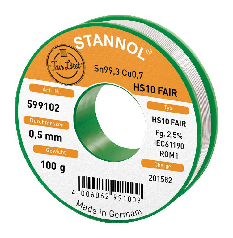 STANNOL HS10 FAIR, 0.5MM, 100G Lead Free Solder Wire (Sn 99.3; Cu 0.7) 0.5mm, 100g