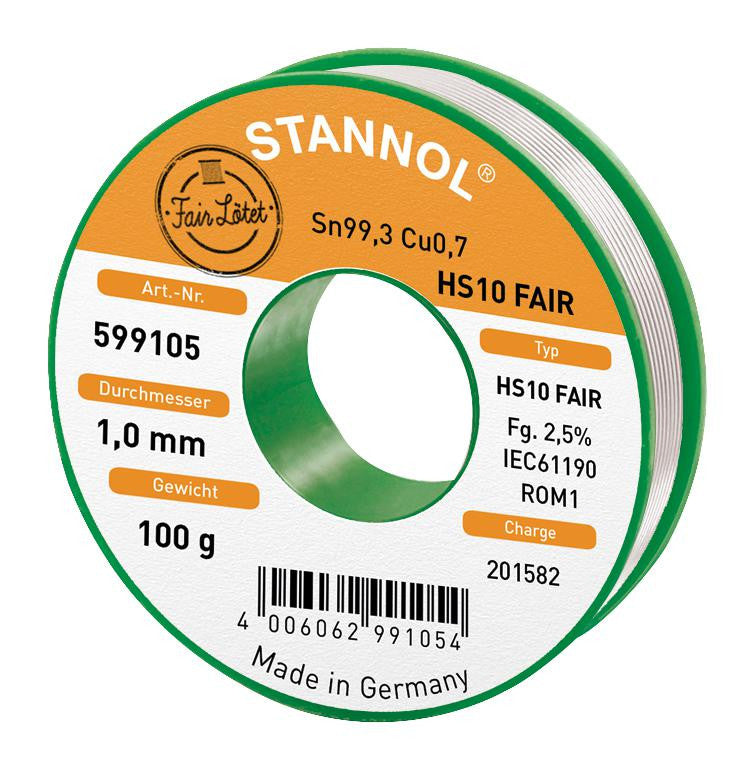 STANNOL HS10 FAIR, 1.0MM, 100G Lead Free Solder Wire (Sn 99.3; Cu 0.7) 1.0mm, 100g