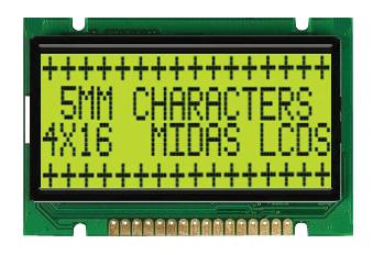 MIDAS MC41605B6W-SPTLY-V2 Alphanumeric LCD, 16 x 4, Black on Yellow / Green, 5V, Parallel, English, Japanese, Transflective