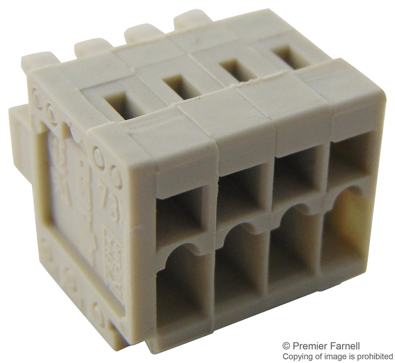 WAGO 734-104 Pluggable Terminal Block, 3.5 mm, 4 Ways, 28 AWG, 14 AWG, 1.5 mm&sup2;, Clamp