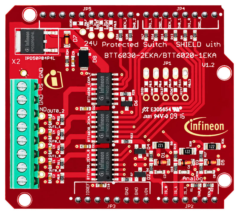 INFINEON 24VSHIELDBTT6030TOBO1 24V Protected Switch Shield, Dual Channel, 32mR, BTT6030-2EKA and BTT6020-1EKA for Arduino