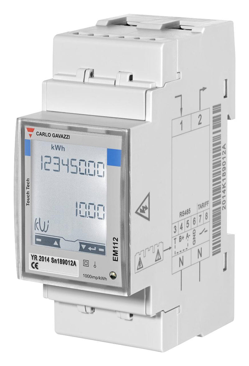 CARLO GAVAZZI EM112DINAV01XS1X Energy Meter, EM112 Series, DIN Rail, Single Phase, RS485 Modbus Output, 230 Vac