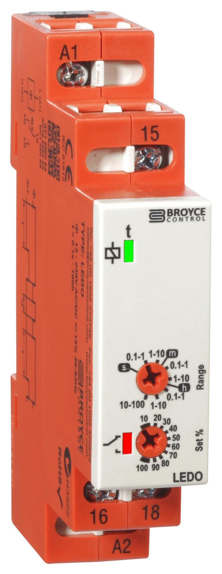 BROYCE CONTROL LEDO 12-230V AC/DC Analogue Timer, LEDO Series, Delay-On-Operate, 0.1 s, 100 h, 7 Ranges, 1 Changeover Relay