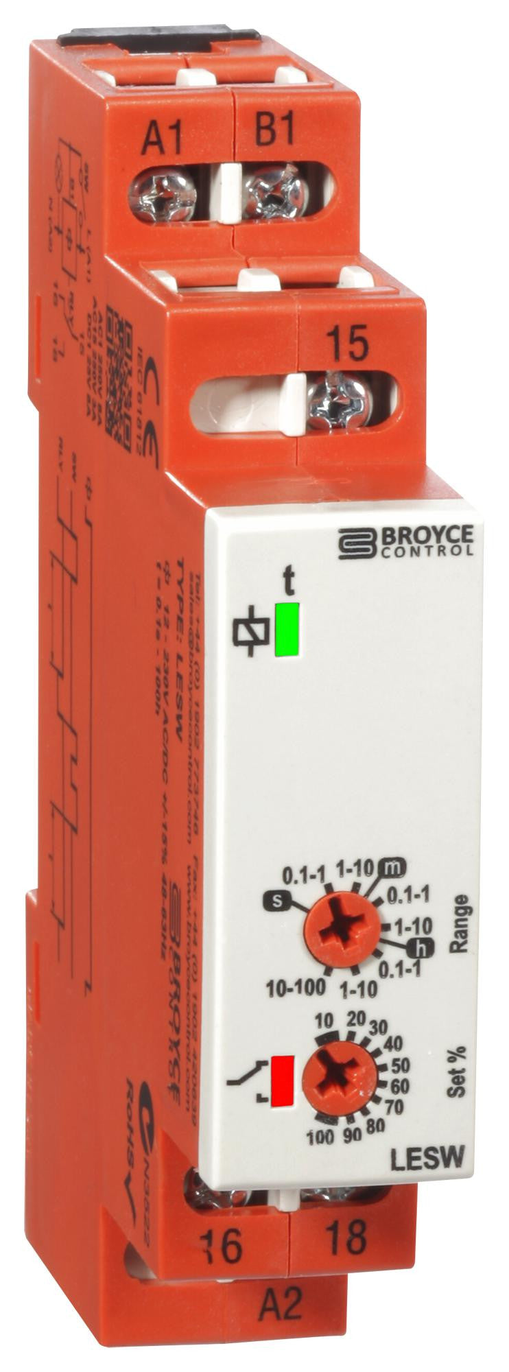 BROYCE CONTROL LESW 12-230V AC/DC Analogue Timer, LESW Series, Delay-On-Release, 0.1 s, 100 h, 7 Ranges, 1 Changeover Relay