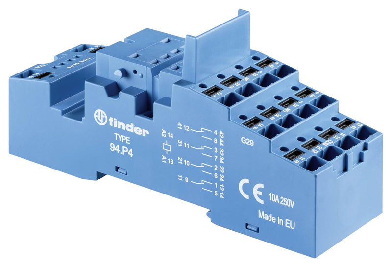 FINDER 94P4SMA Relay Socket, DIN Rail, Panel, Quick Connect, 14 Pins, 94 Series