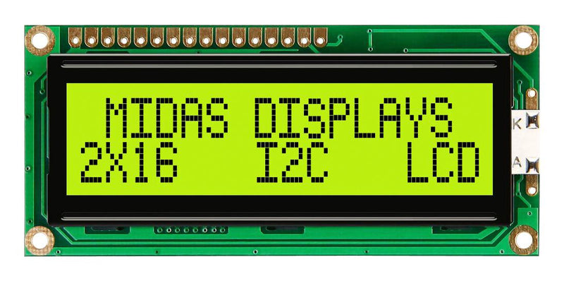 MIDAS MC21605C6W-SPTLYI-V2 Alphanumeric LCD, 16 x 2, Black on Yellow / Green, 5V, I2C, English, Japanese, Transflective