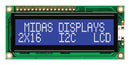 MIDAS MC21605C6W-BNMLWI-V2 Alphanumeric LCD, 16 x 2, White on Blue, 5V, I2C, English, Japanese, Transmissive