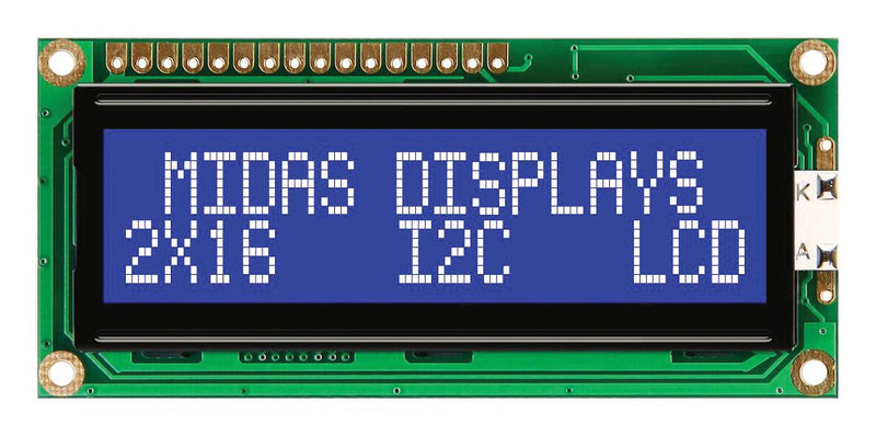 MIDAS MC21605C6W-BNMLWI-V2 Alphanumeric LCD, 16 x 2, White on Blue, 5V, I2C, English, Japanese, Transmissive