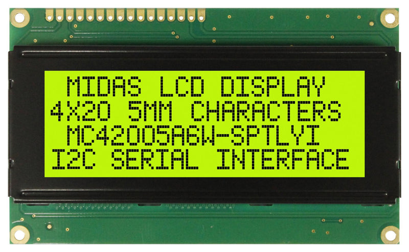 MIDAS MC42005A6W-SPTLYI-V2 Alphanumeric LCD, 20 x 4, Black on Yellow / Green, 5V, I2C, English, Japanese, Transflective