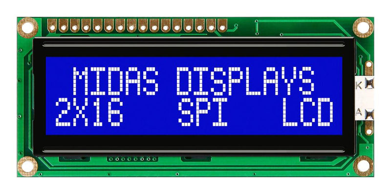 MIDAS MC21605C6W-BNMLWS-V2 Alphanumeric LCD, 16 x 2, White on Blue, 5V, SPI, English, Japanese, Transmissive