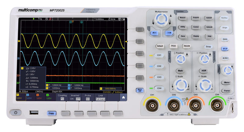 Multicomp PRO MP720025 EU-UK Digital Oscilloscope Touchscreen Decoding 4 Analogue 100 MHz 1 Gsps 40 Mpts 3.5 ns